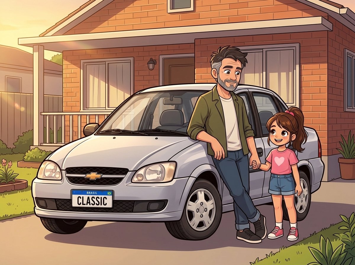 Rafael com a filha e o carro protegido por reserva